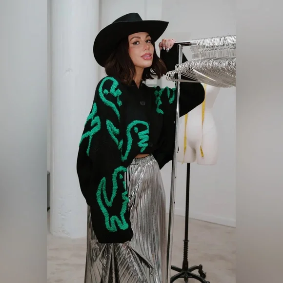 Dressed in Lala Rawr T-Rex Jacquard Cardigan black green SzS/M - Picture 1 of 9